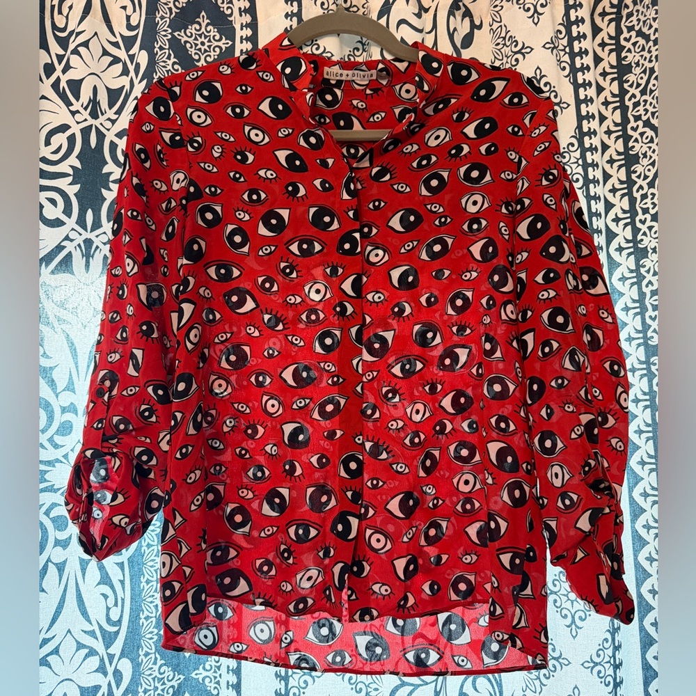 Alice + Olivia Red Eye Print 100% Silk Women's Top S